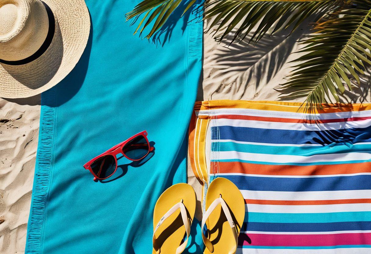 A stylishly laid-out sunbathing scene featuring a trendy beach towel, chic sunglasses, a fashionable wide-brim hat, elegant flip-flops, and colorful swim accessories scattered around. The sun is shining brightly, and there's a vibrant beach backdrop with palm trees and clear blue water, highlighting the feel of luxury and relaxation. super-realistic. vibrant colors. summer vibes.